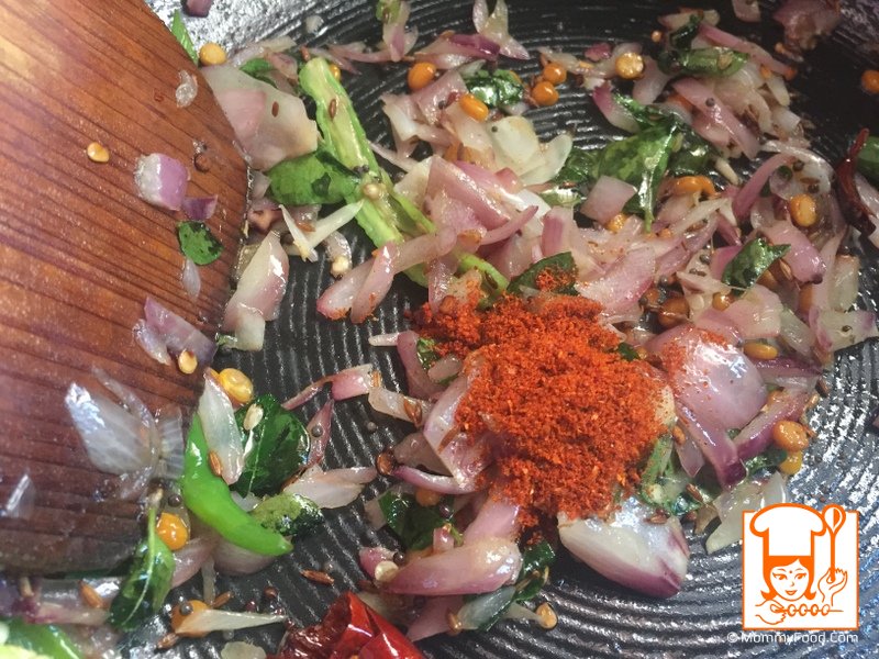 Step 5: Add red chilly powder, saute for a minute